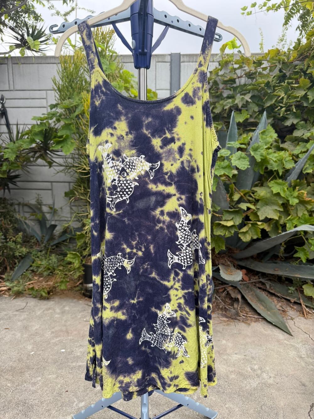Vintage 90s Fit and Flare Mini Dress Medium Navy Lime Tie Dye Fish Raya Sun